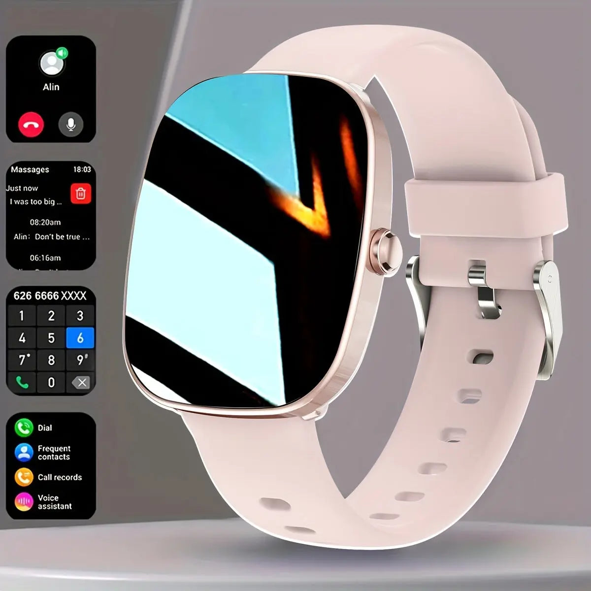 Alcom Distribution fitness smartwatch with health features in pink silicone band showing call and message functions