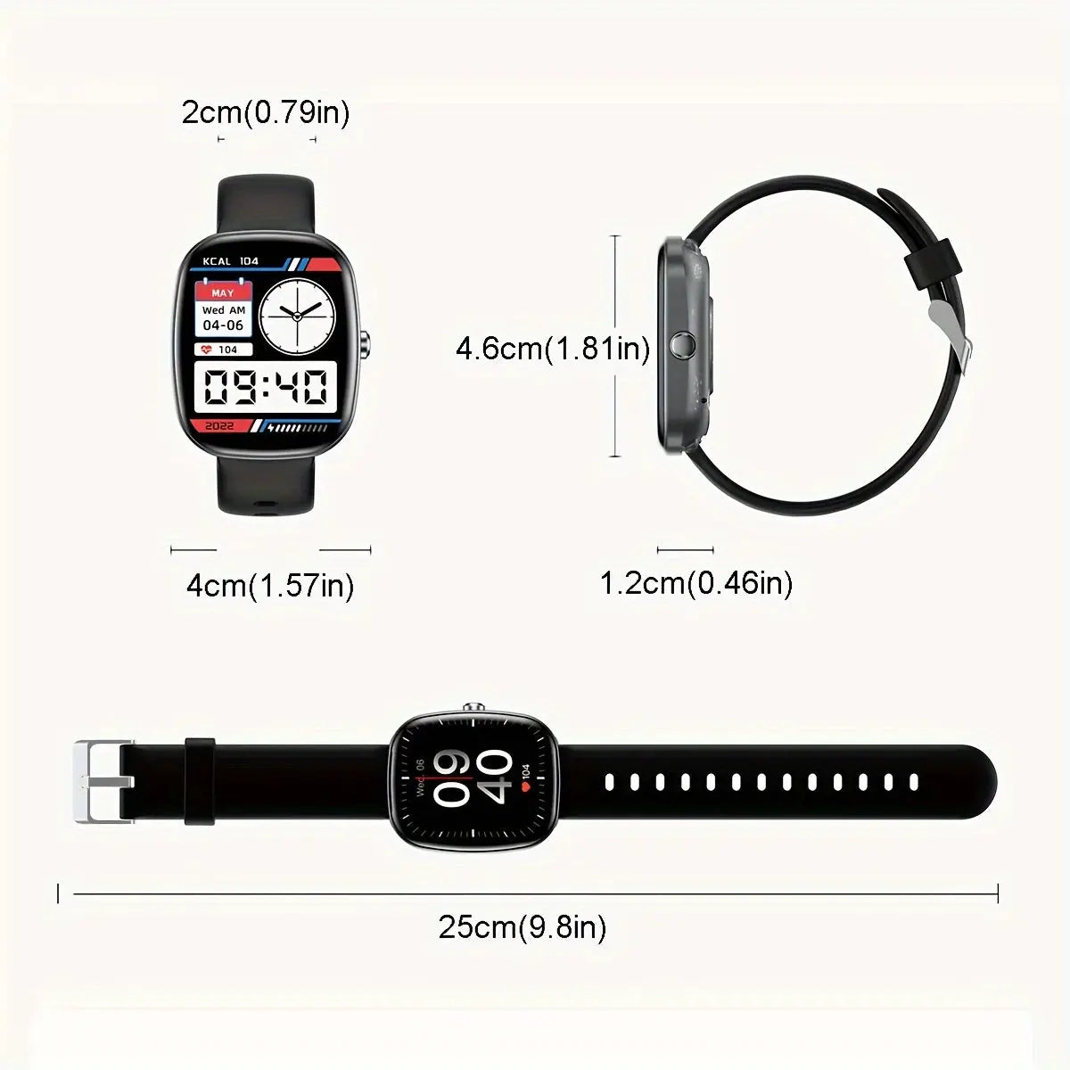 Alcom Distribution fitness smartwatch with health features showing front, side, and top view with measurements