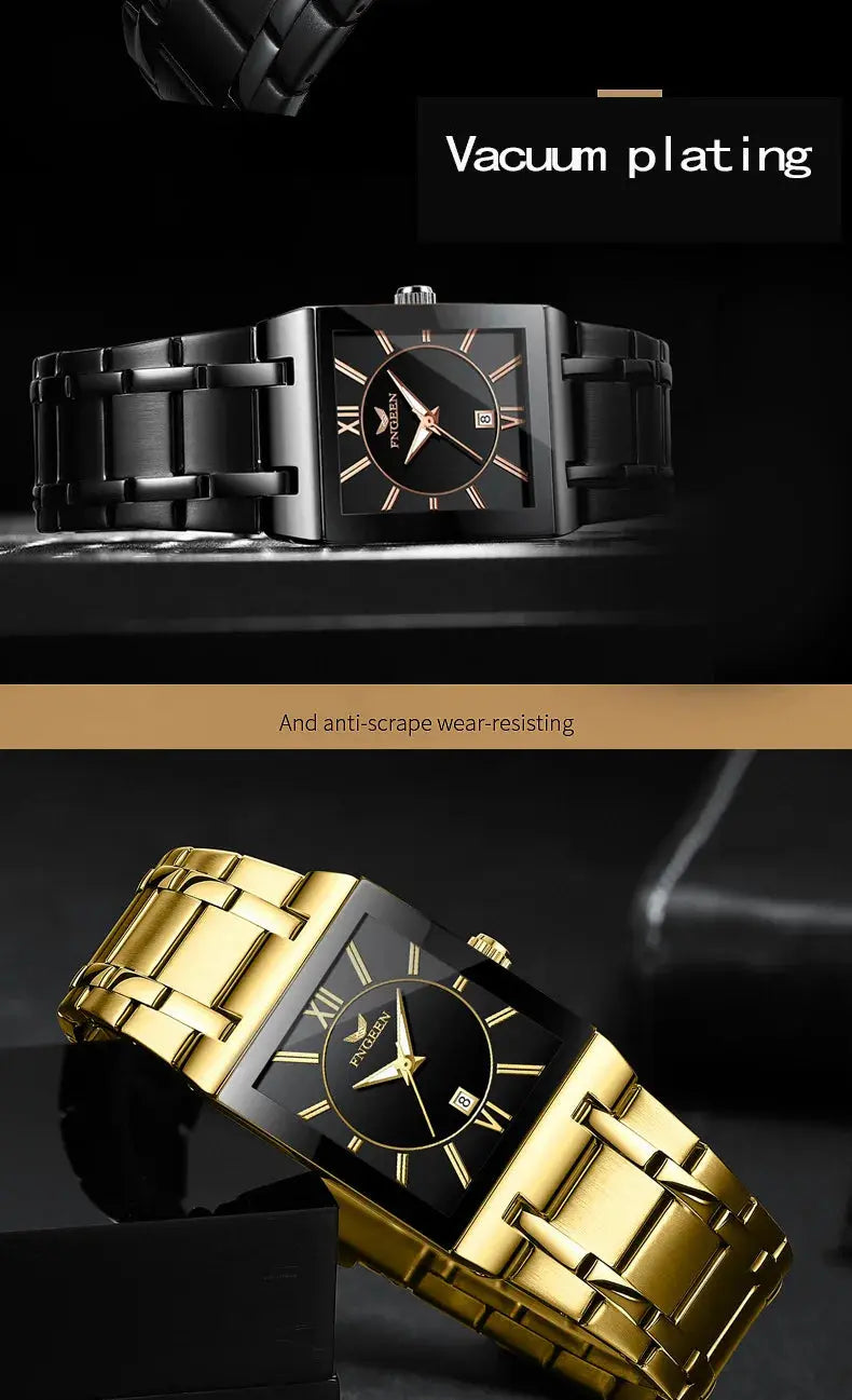 Alcom Distribution black and gold vacuum plated rectangular dial luxury men's quartz watch with metal bracelet