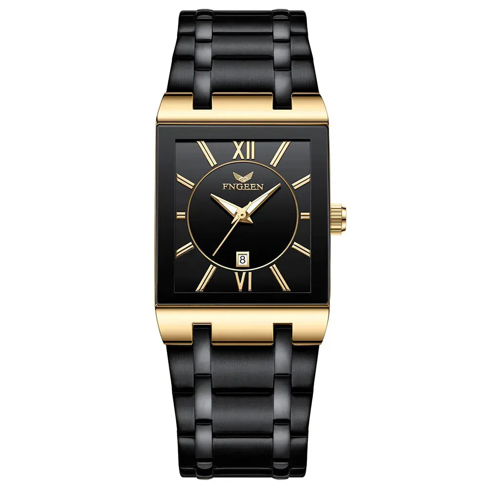 Alcom Distribution black and gold rectangular watch with Roman numerals and date window luxury men's quartz watch