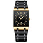 Alcom Distribution black and gold rectangular watch with Roman numerals and date window luxury men's quartz watch
