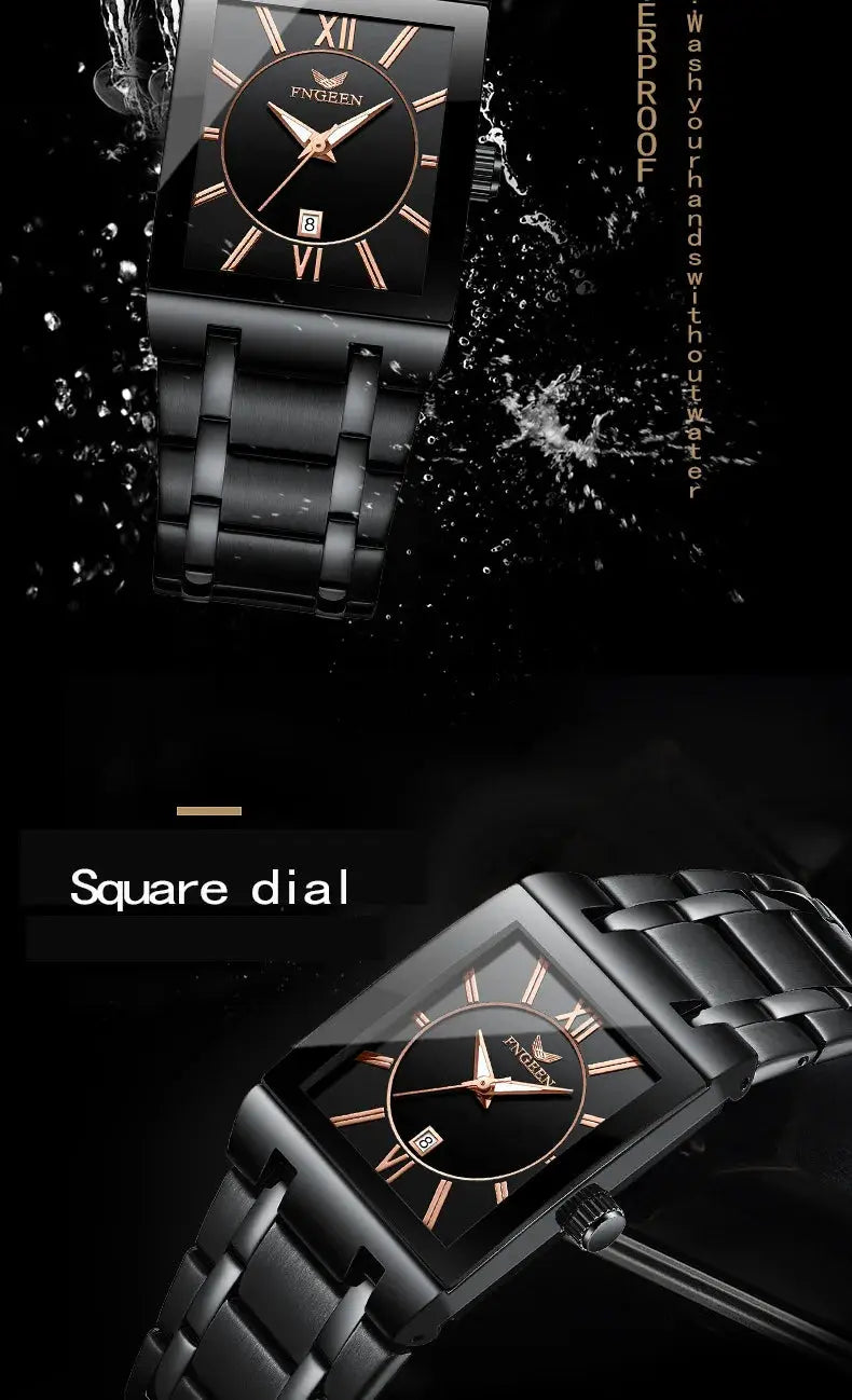 Alcom Distribution luxury men's quartz watch black square dial rose gold Roman numerals metal bracelet water resistant