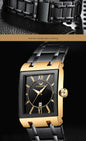 Alcom Distribution two tone black and gold rectangular luxury men's quartz watch with Roman numerals and date
