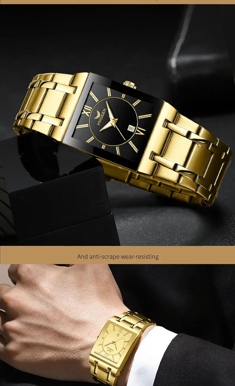 Alcom Distribution gold rectangular watch with black dial and matching bracelet luxury men's quartz watch
