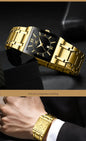 Alcom Distribution gold rectangular watch with black dial and matching bracelet luxury men's quartz watch