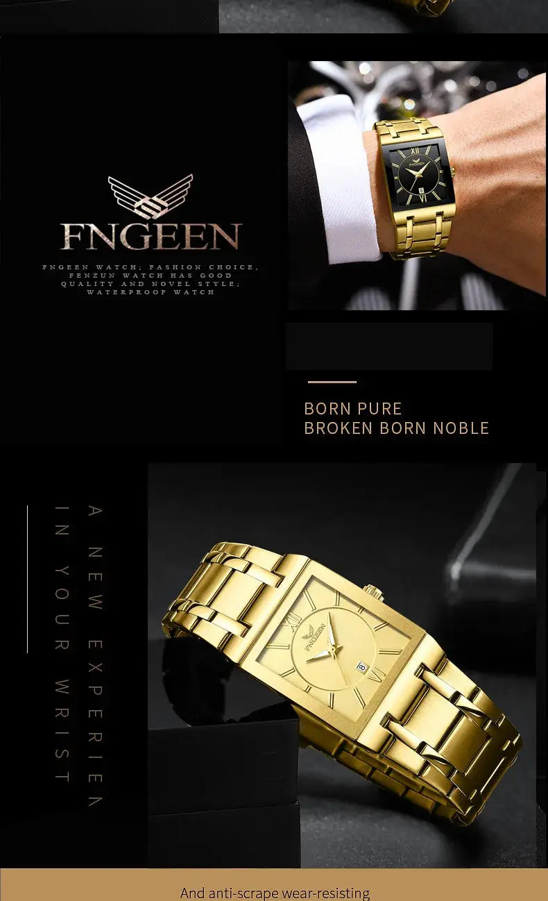 Alcom Distribution FNGEE gold rectangular luxury men's quartz watch with metal bracelet elegant dress watch