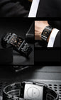 Alcom Distribution black square dress watch with rose gold markers and bracelet luxury men's quartz watch for formal wear