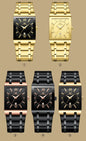 Alcom Distribution display of five rectangular gold and black luxury men's quartz watch models with metal bracelets