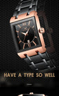 Alcom Distribution luxury men's quartz watch with rectangular rose gold case black dial metal bracelet