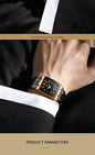 Alcom Distribution luxury men's quartz watch black rectangular dial with gold accents on wrist with black suit cuff