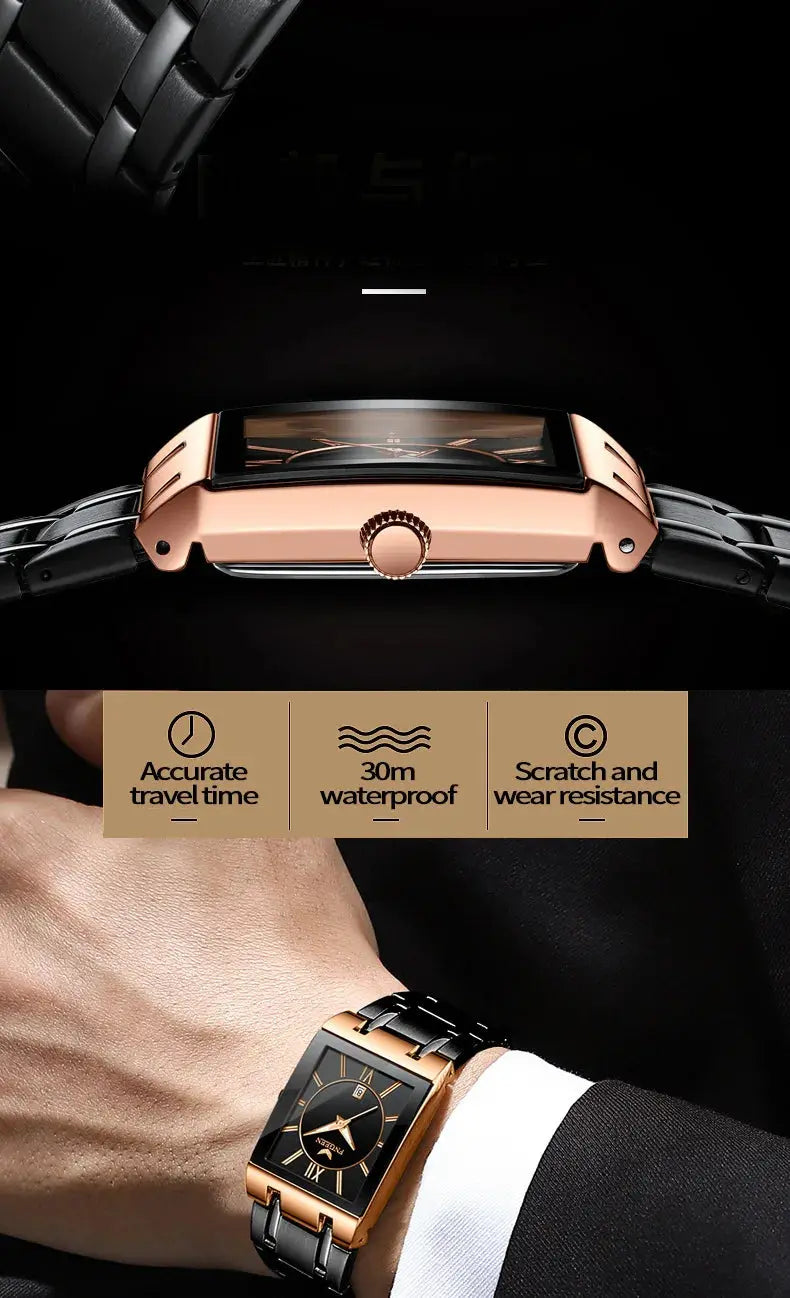 Alcom Distribution luxury men's quartz watch with rose gold rectangular case black dial and two tone metal bracelet