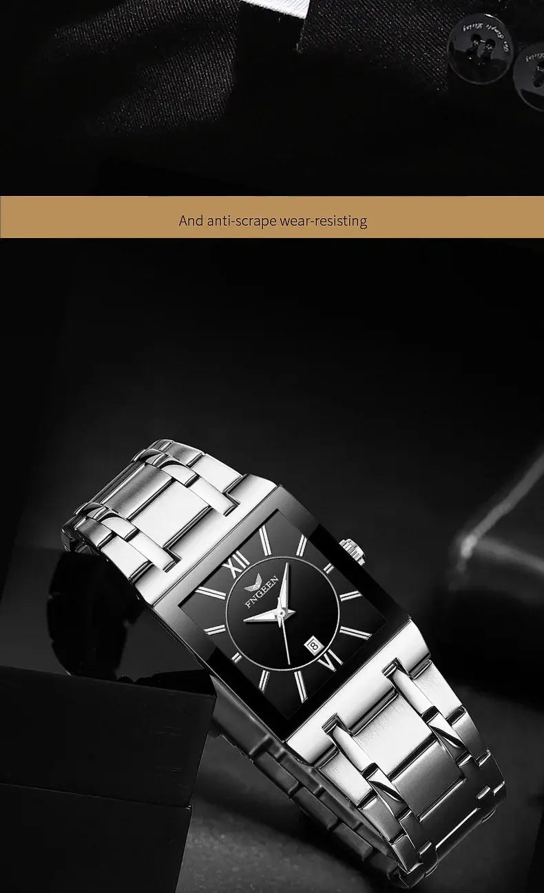 Alcom Distribution stainless steel rectangular dress luxury men's quartz watch with black dial and Roman numerals