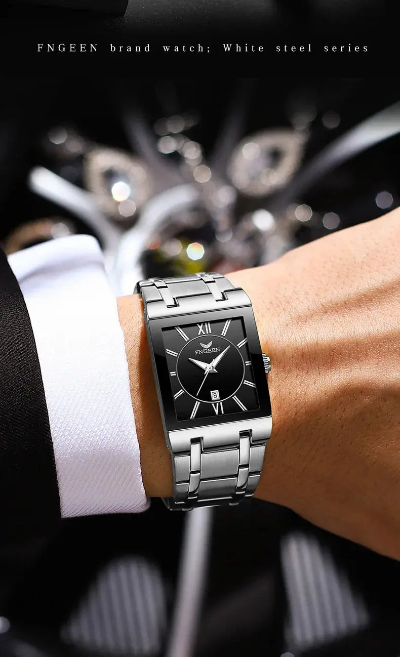 Alcom Distribution luxury men's quartz watch stainless steel rectangular black dial with Roman numerals on suited wrist