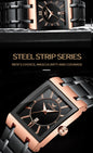 Alcom Distribution steel strip series luxury men's quartz watch with black dial rose gold rectangular case and steel bracelet