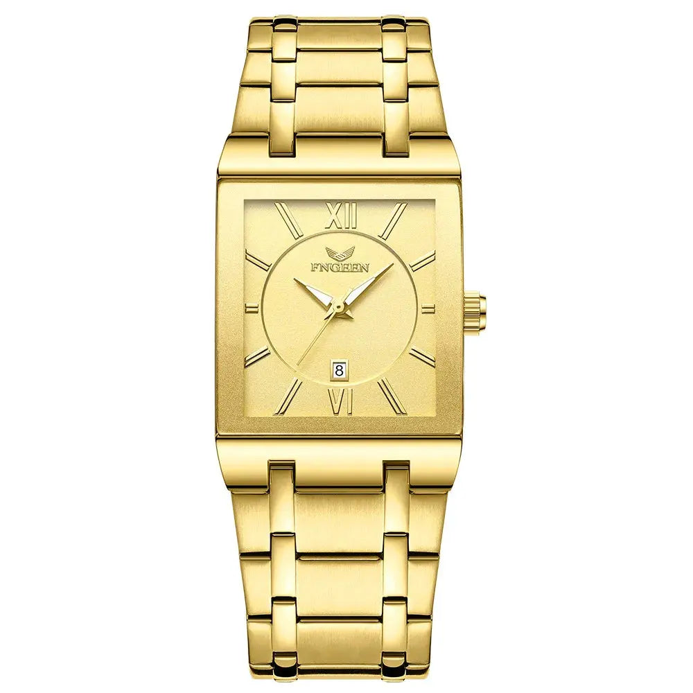 Alcom Distribution gold tone rectangular bracelet watch with Roman numerals and date window luxury men's quartz watch