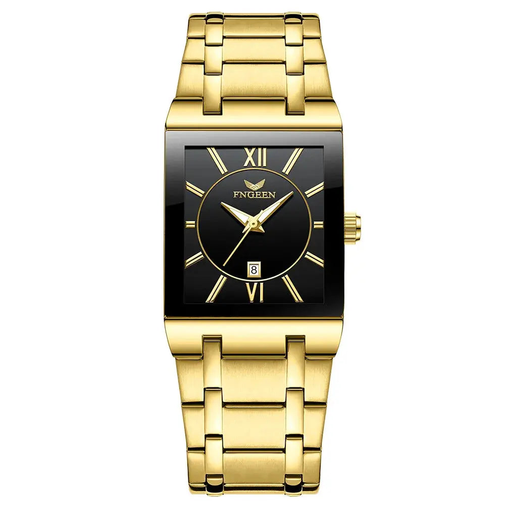 Alcom Distribution gold rectangular dress luxury men's quartz watch with black dial and date
