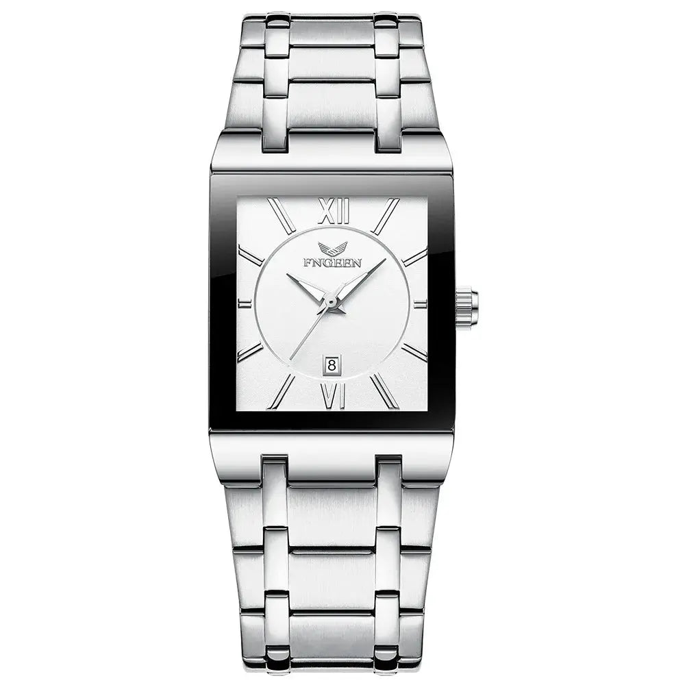 Alcom Distribution stainless steel rectangular dress luxury men's quartz watch with white dial