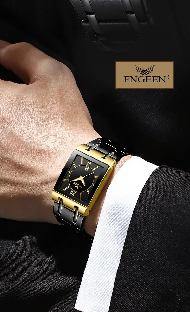 Alcom Distribution FNGEEN black and gold rectangular dress luxury men's quartz watch on a suited wrist