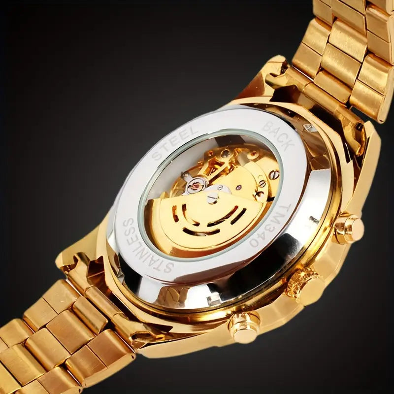 Alcom Distribution gold automatic business watches showing stainless steel back and inner mechanism