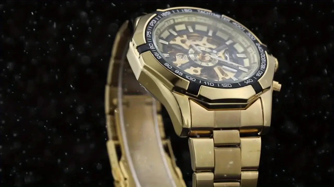 Gold automatic business watches with intricate dial design and metal bracelet by Alcom Distribution