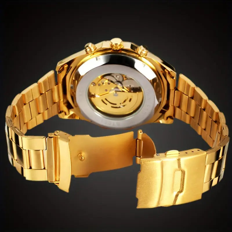 Gold automatic business watches with visible movement and metal link bracelet by Alcom Distribution