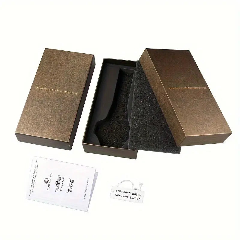 Alcom Distribution watch box packaging for Automatic Business Watches with instruction manual and tag