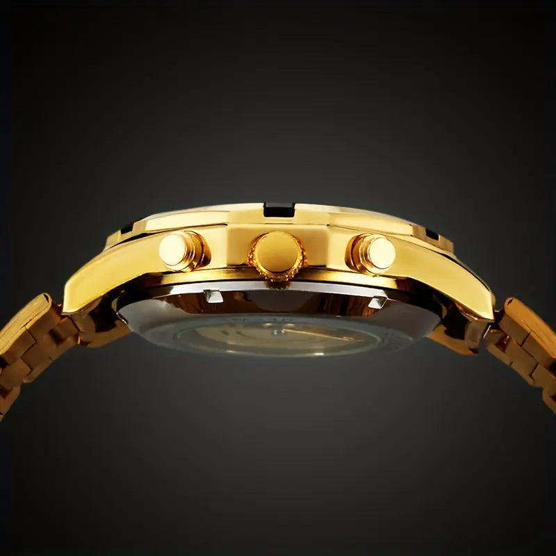 Gold automatic business watches side view showing crown and pushers from Alcom Distribution