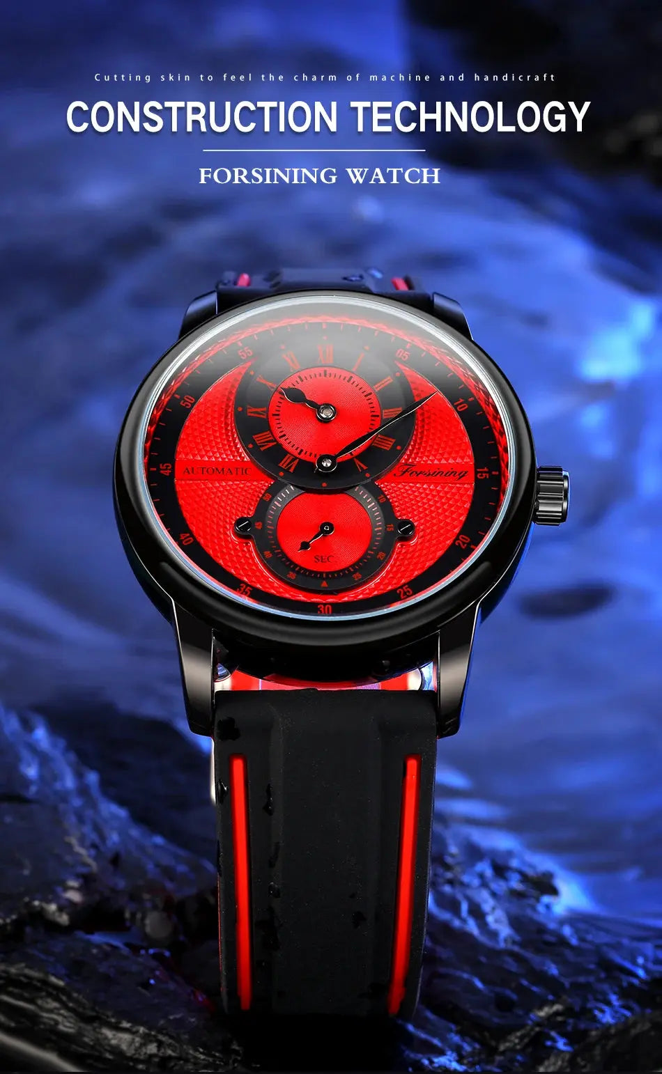 Alcom Distribution automatic mechanical sport watch for men black case red dial with black strap and red accents