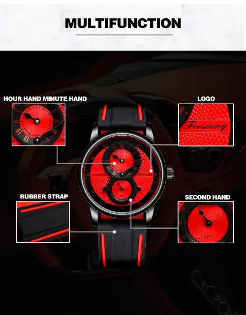 Alcom Distribution red and black multifunction automatic mechanical sport watch for men with rubber strap and subdials