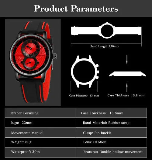 Alcom Distribution Forsining red and black automatic mechanical sport watch for men with rubber strap and specs