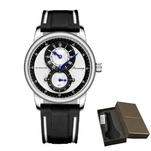 Alcom Distribution automatic mechanical sport watch for men with silver case black silicone strap blue hands and gift box