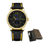 Alcom Distribution gold case automatic mechanical sport watch for men with black dial blue hands and yellow accent strap