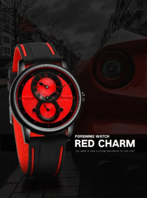 Alcom Distribution red and black automatic mechanical sport watch for men with textured dial and rubber strap