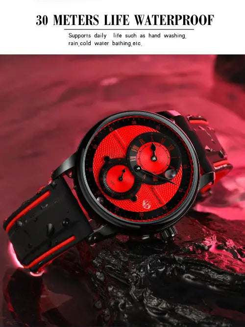 Alcom Distribution red and black automatic mechanical sport watch for men with dual subdials and water resistant silicone strap