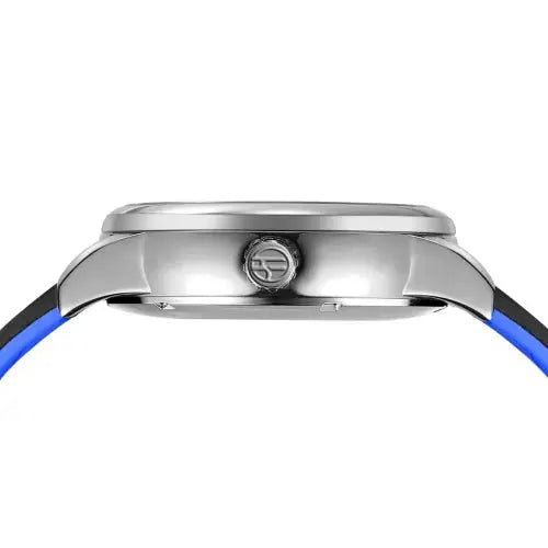 Alcom Distribution automatic mechanical sport watch for men side profile silver case blue rubber strap