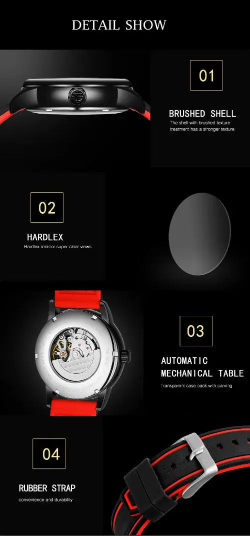 automatic mechanical sport watch for men red and black rubber strap brushed case Hardlex crystal visible movement