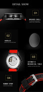 automatic mechanical sport watch for men red and black rubber strap brushed case Hardlex crystal visible movement