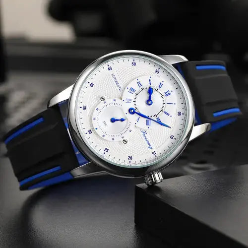 Alcom Distribution automatic mechanical sport watch for men white textured dial with blue hands and black rubber strap