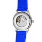 Alcom Distribution automatic mechanical sport watch for men showing exhibition case back and blue silicone strap
