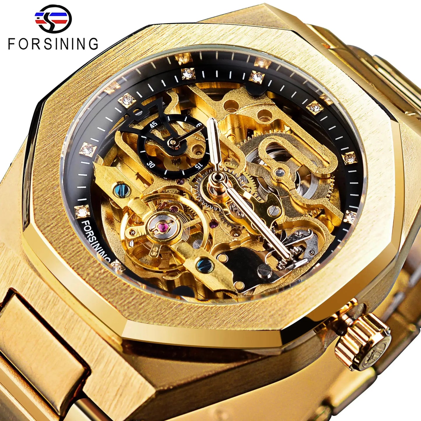Forsining gold Automatic Mechanical Watch for Men with visible skeleton dial and metal bracelet