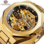 Forsining gold Automatic Mechanical Watch for Men with visible skeleton dial and metal bracelet