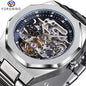 Forsining automatic mechanical watch for men with silver stainless steel band and skeleton dial