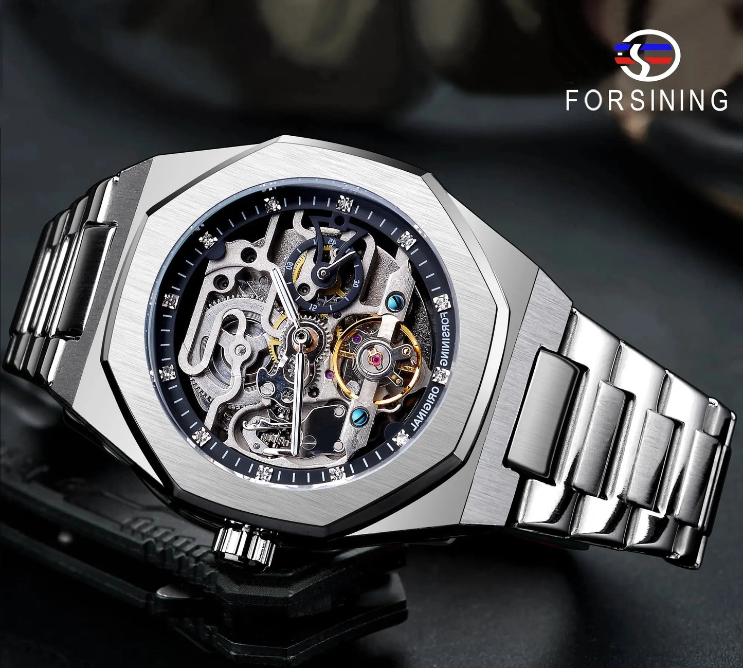 Forsining silver automatic mechanical watch for men with visible skeleton dial and metal bracelet