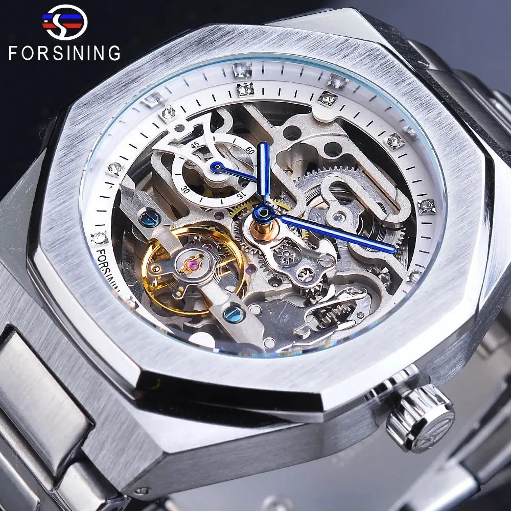 Forsining Automatic Mechanical Watch for Men with silver skeleton dial and stainless steel band