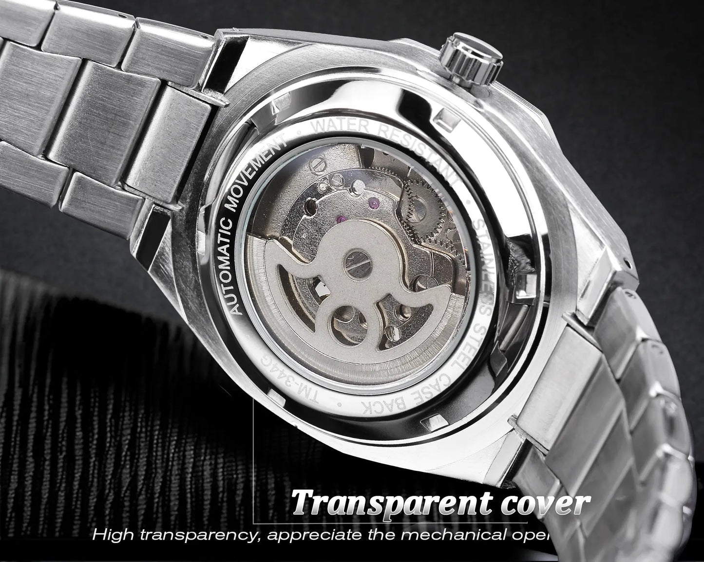 Alcom Distribution silver Automatic Mechanical Watch for Men with transparent case back showing inner mechanical movement