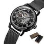 Elegant mechanical timepiece for women by Alcom Distribution with black mesh strap and exposed gears