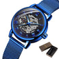 Alcom Distribution elegant mechanical timepiece for women with blue mesh strap and visible gears