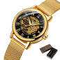 Elegant mechanical timepiece for women gold watch with black skeleton dial and mesh band by Alcom Distribution