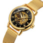 Elegant mechanical timepiece for women by Alcom Distribution with gold mesh band and black dial