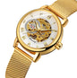 Elegant mechanical timepiece for women with gold mesh band and visible inner gears